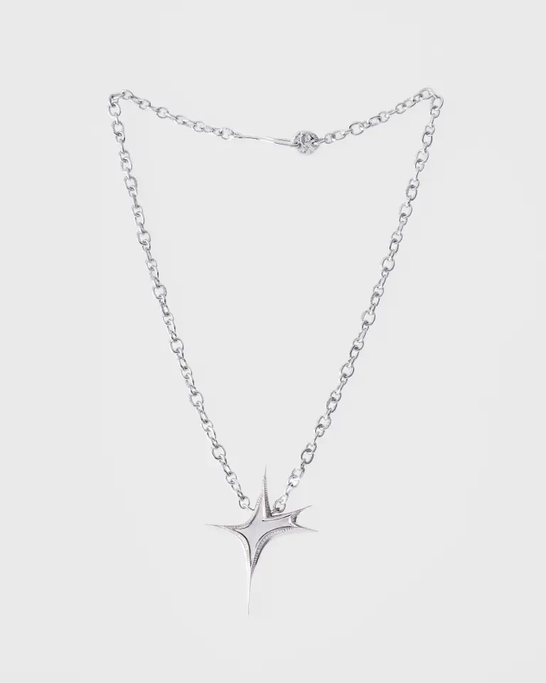 Silver diamond-set star pendant necklace photographed on a clean light background.