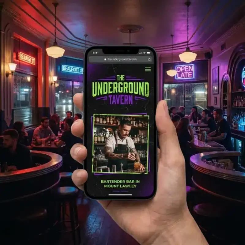 Neon-lit mobile phone showing an edgy bar website with Mt Lawley night background.