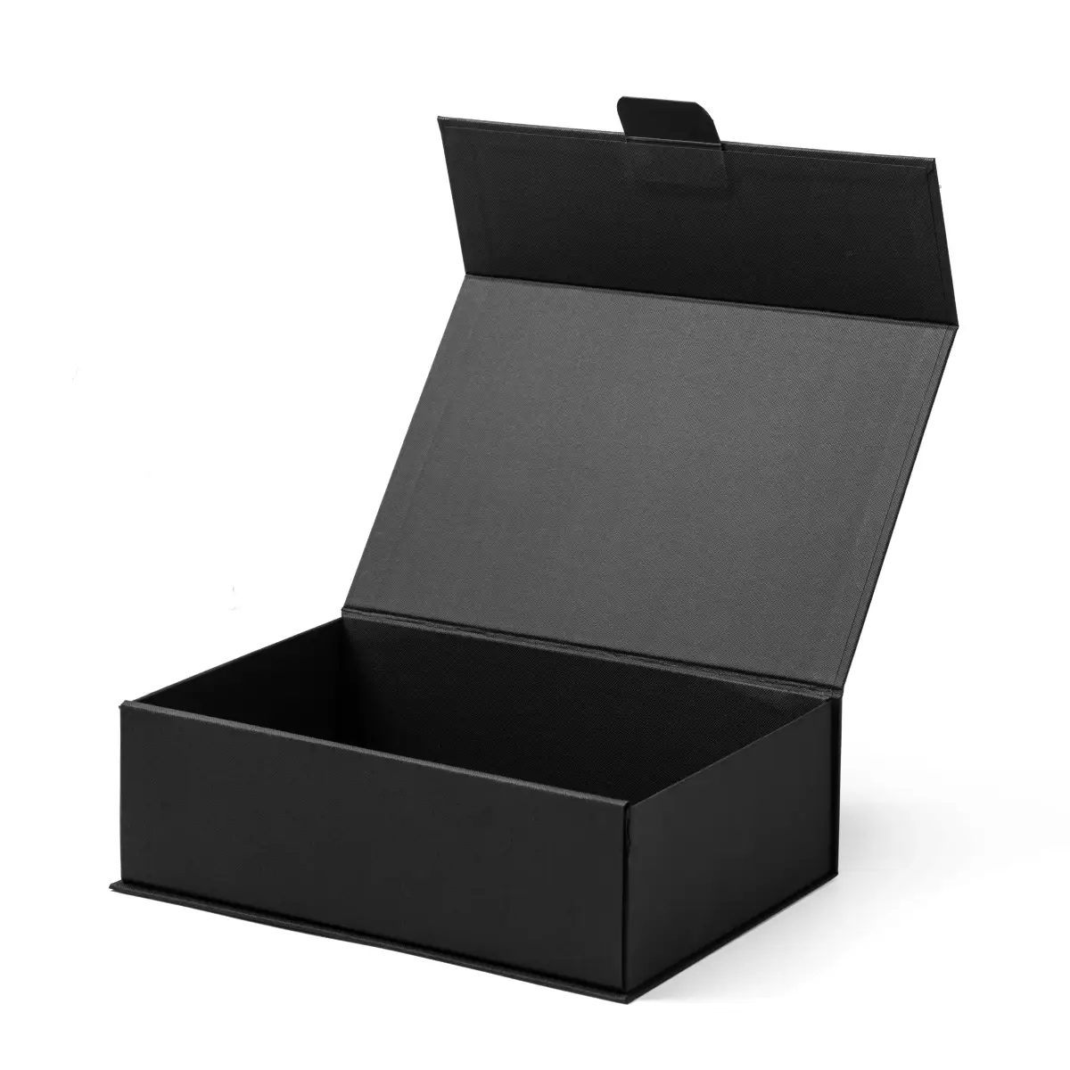 Black magnetic rigid box photographed open on a clean white background