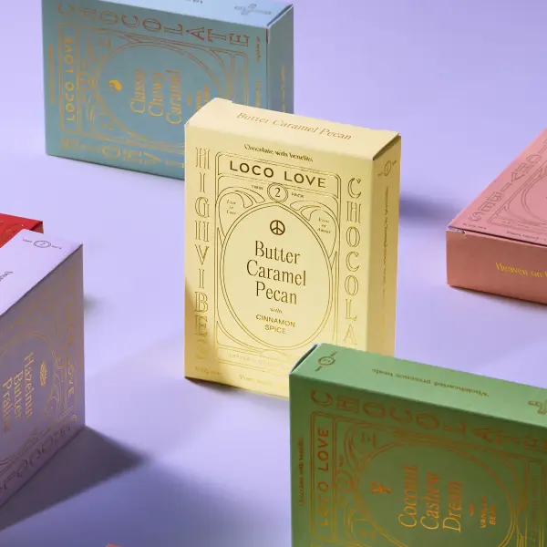 Loco Love chocolate boxes with pastel styling, branded product photography for Perth confectionery brands.