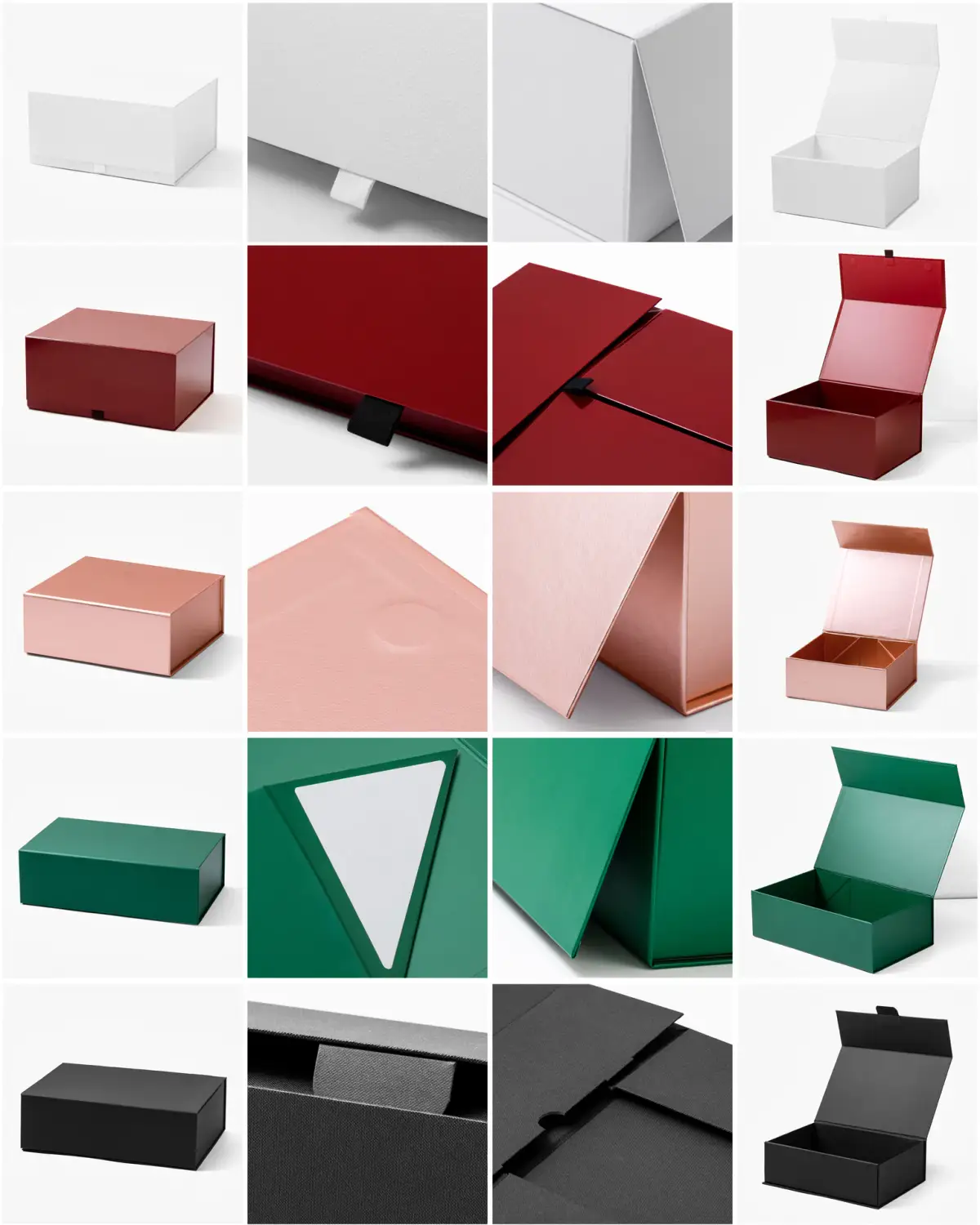 White-background product collage showing Myerton rigid magnetic boxes in white, burgundy, rose gold, green, and black finishes