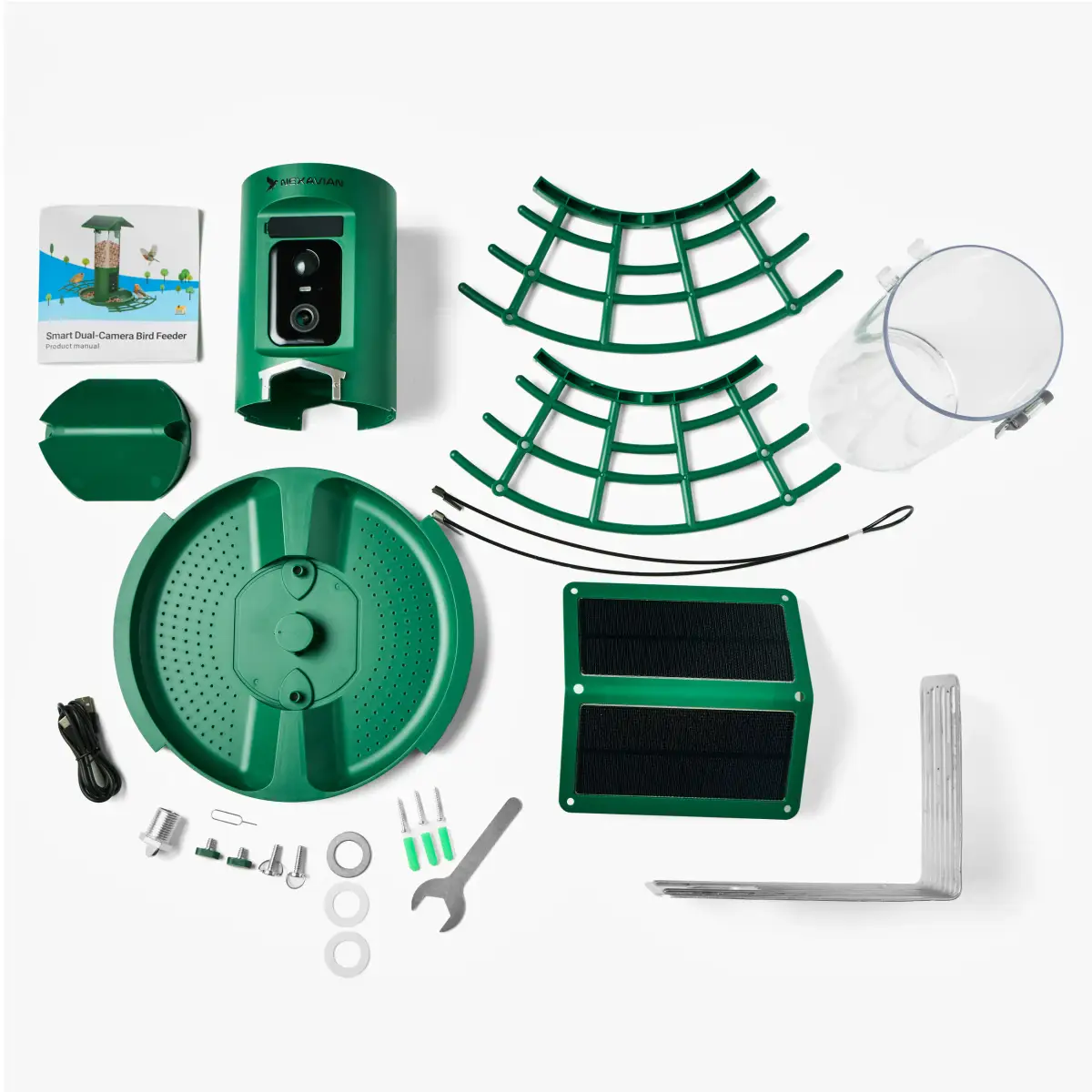 Nexavian bird feeder components laid out on a light background, including the camera housing, reservoir, solar-panel roof, feeding trays and small accessories