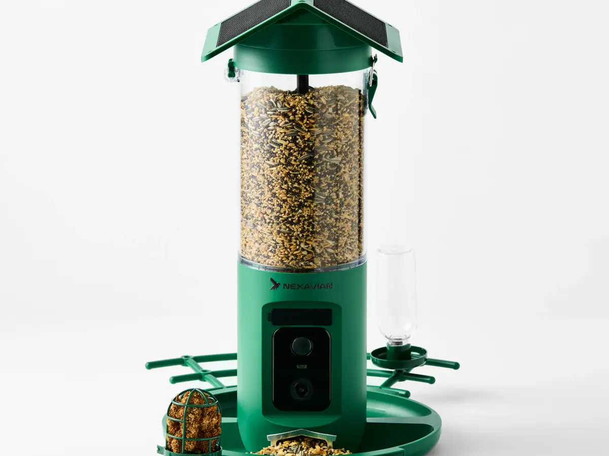 Green Nexavian camera bird feeder filled with seed, with its roof, front camera and feeding attachments visible on a light background