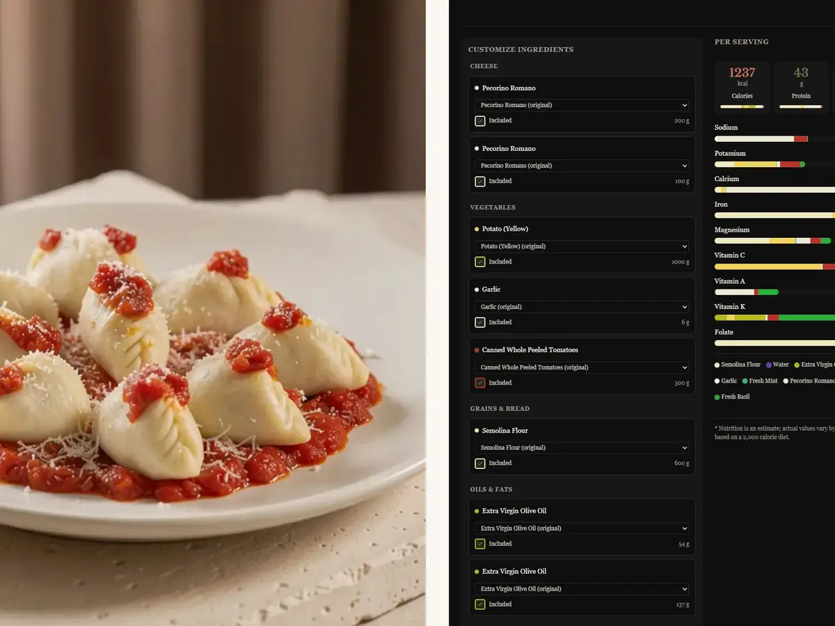 Mediterranean Joy recipe page showing the interactive nutrition playground with ingredient controls and live per-serving nutrient updates