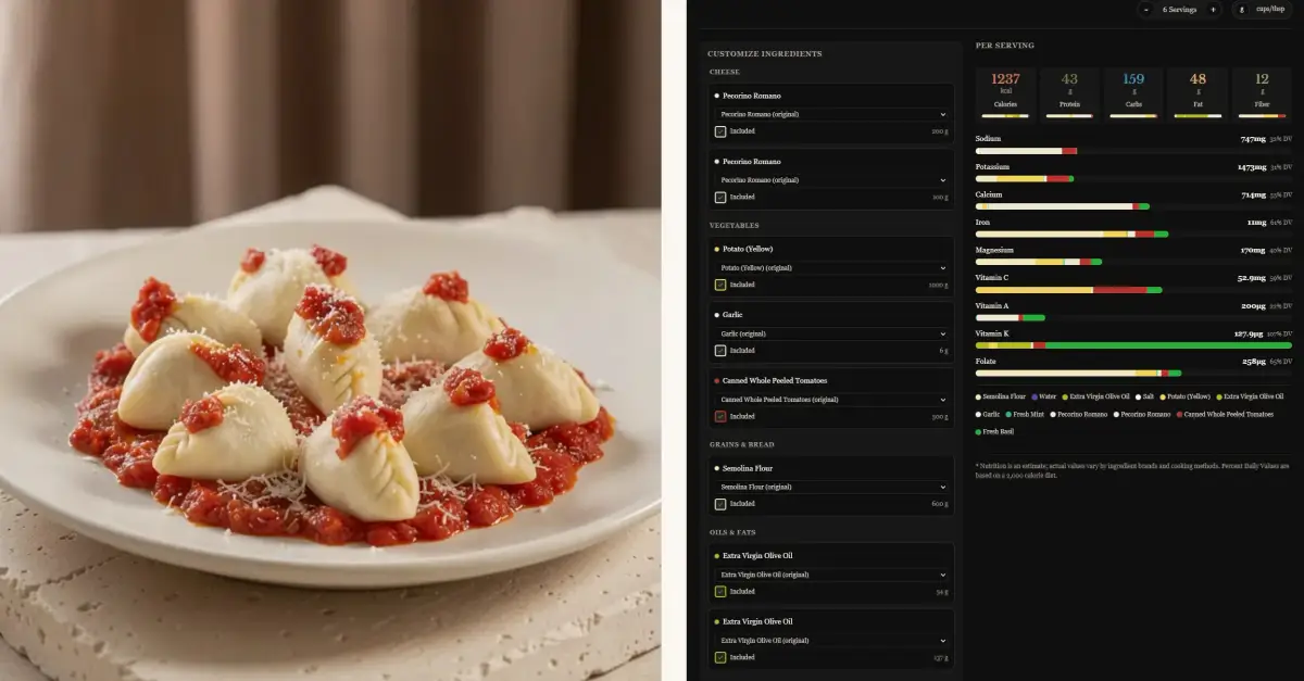 Mediterranean Joy recipe page showing the interactive nutrition playground with ingredient controls and live per-serving nutrient updates