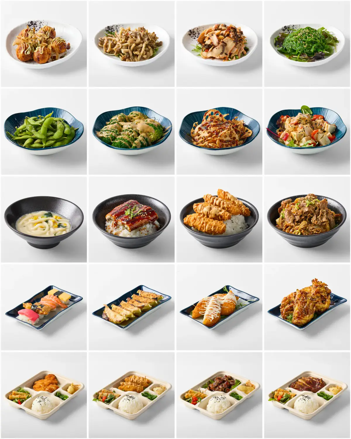 White-background menu collage showing Omasa Japanese Restaurant salads, rice bowls, sushi, gyoza, skewers, and bento meals