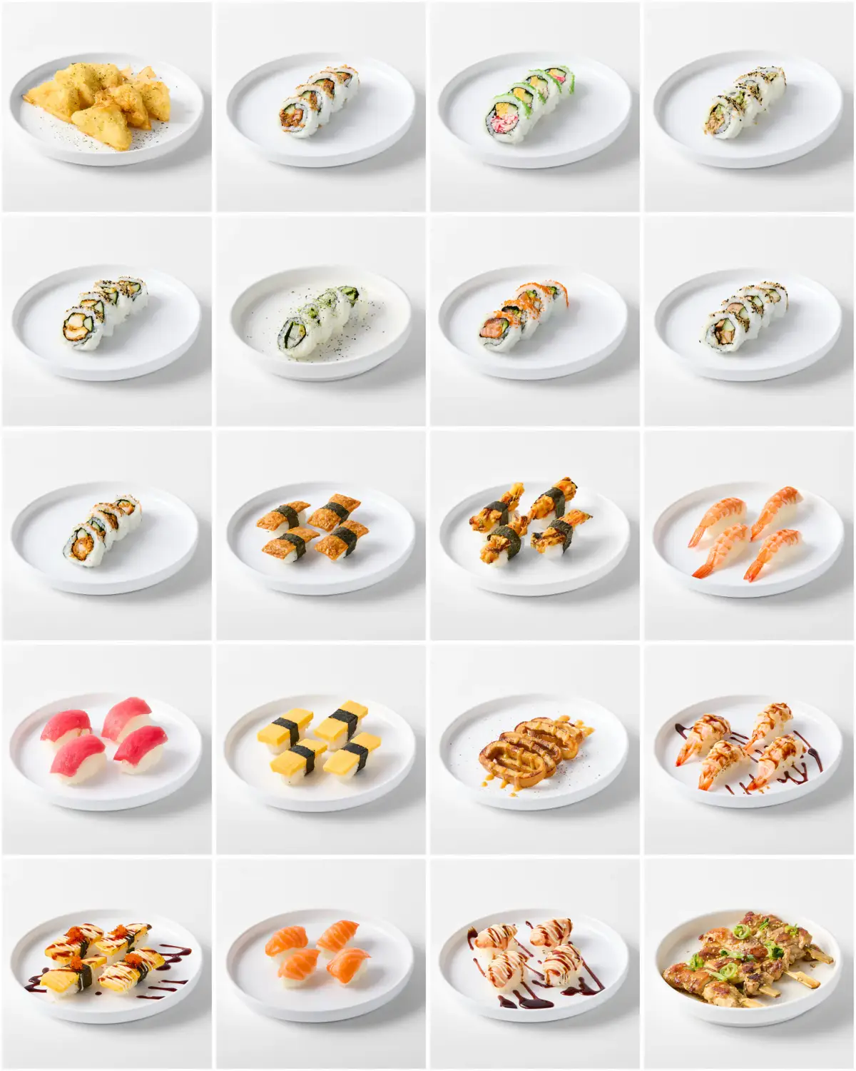 White-background menu collage showing Omasa Japanese Restaurant sushi rolls, nigiri, gyoza, and grilled dishes