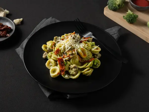 Orecchiette with pesto and sausage, Italian menu photography for Perth restaurants.