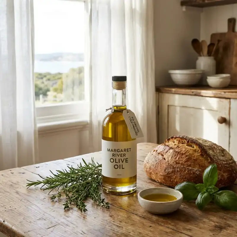 Lifestyle packshot photography of WA olive oil bottle on rustic kitchen table with fresh herbs and bread, showcasing coastal Perth styling.