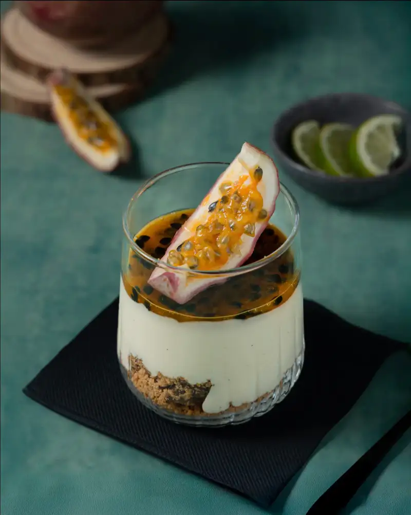 Passionfruit cheesecake photographed for a Perth hospitality campaign.