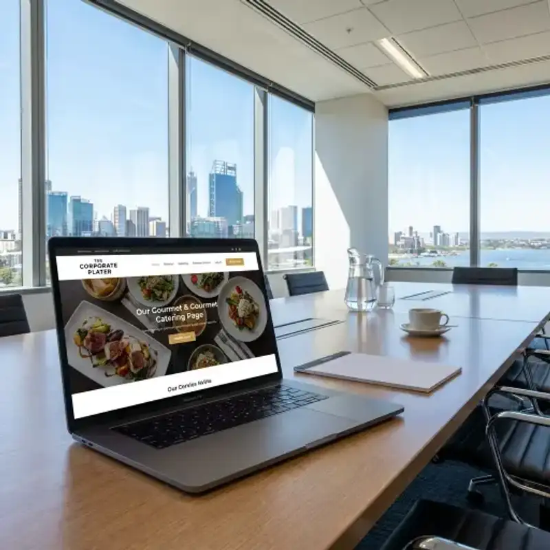 Laptop with corporate catering website in a high-rise Perth CBD office.