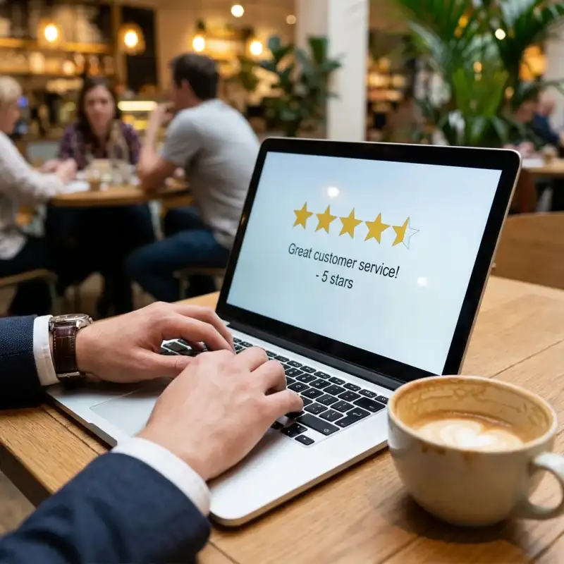 Restaurant manager typing a response to a review on a laptop with a coffee in a modern cafe setting
