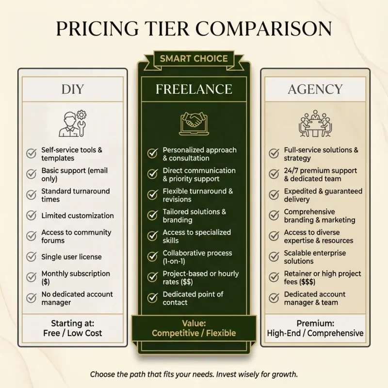 Comparison chart showing Perth restaurant website pricing from $300 DIY to $15,000+ full-service packages with features at each tier.