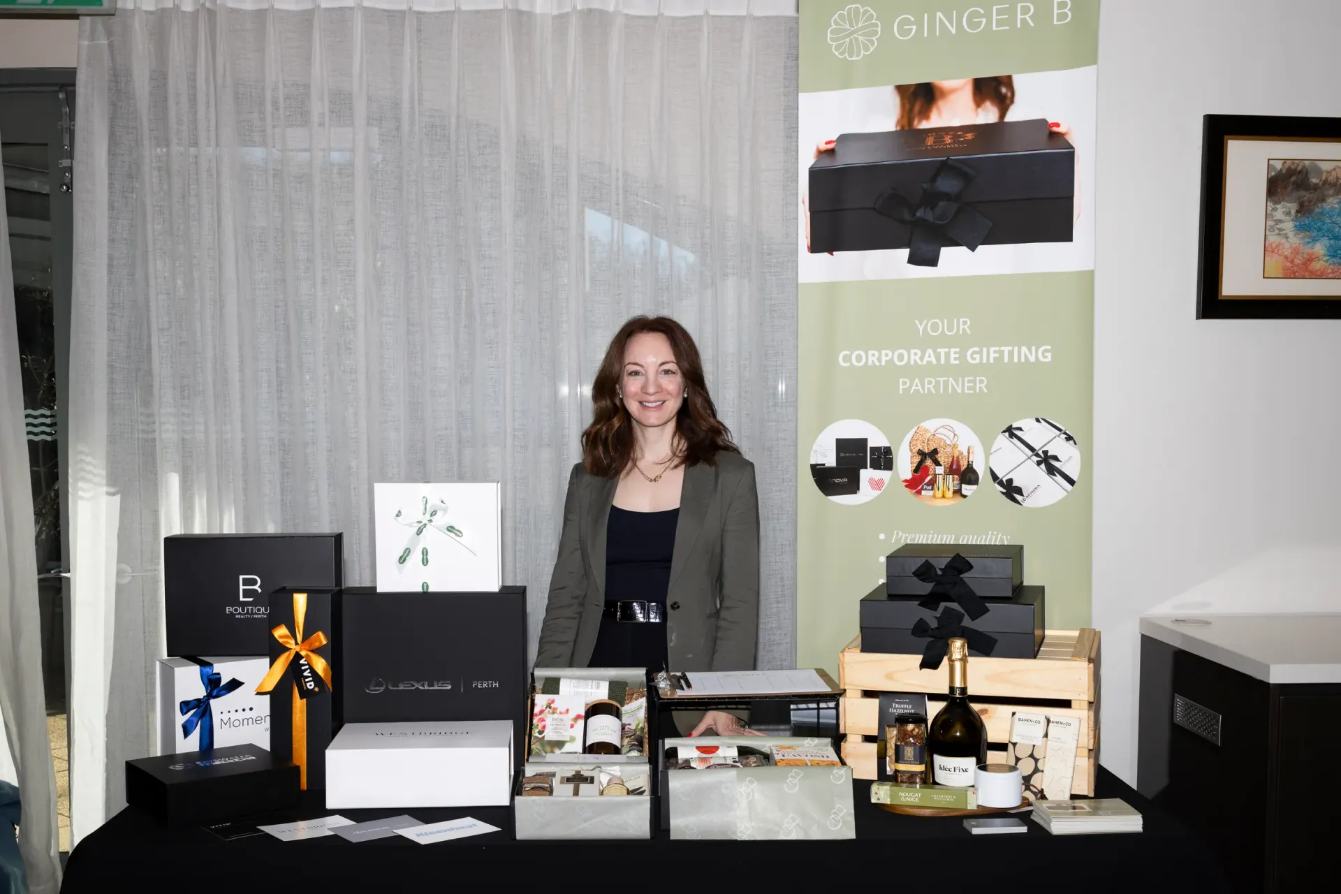Branded corporate gifting display at a Perth trade event