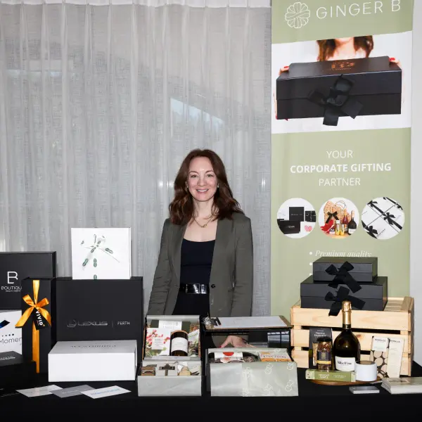 Corporate gifting and branding detail at an exhibitor stand