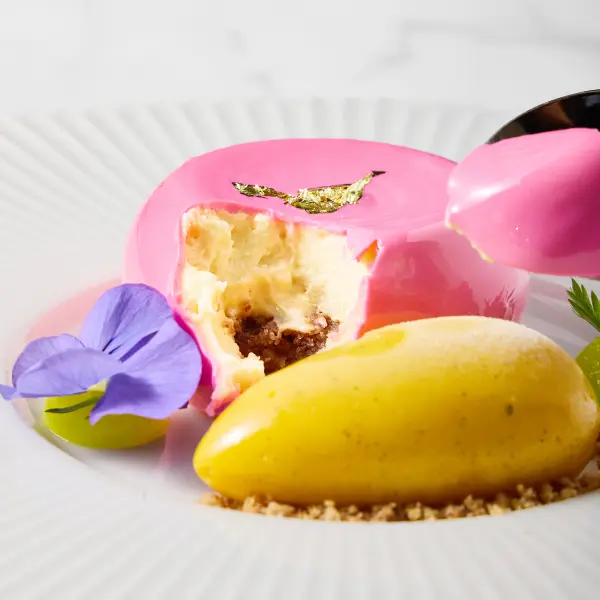 Pink dessert with sorbet photographed for a Perth restaurant.