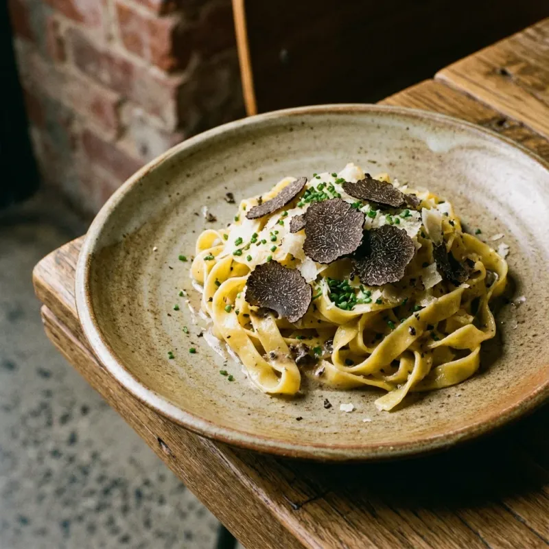 Professional food photography of a signature pasta dish with truffle shavings, shot for a Northbridge restaurant's redesigned digital menu.