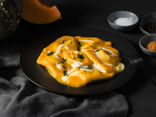 Pumpkin ravioli with cream sauce, menu-ready dish photography for Perth dining venues.