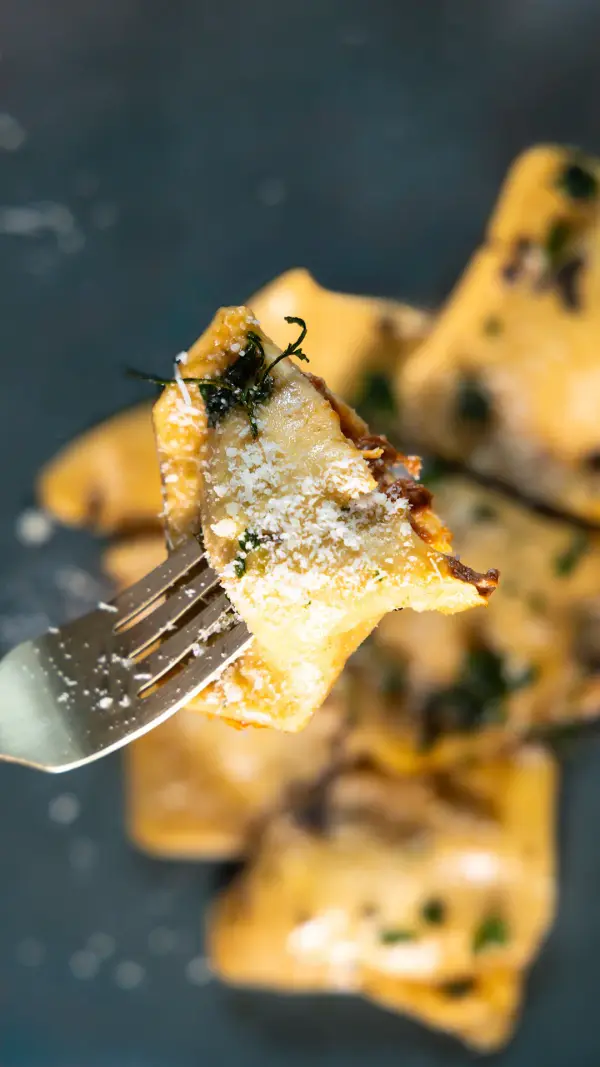 Ravioli close-up detail shot, macro food photography for printed menus and delivery apps.