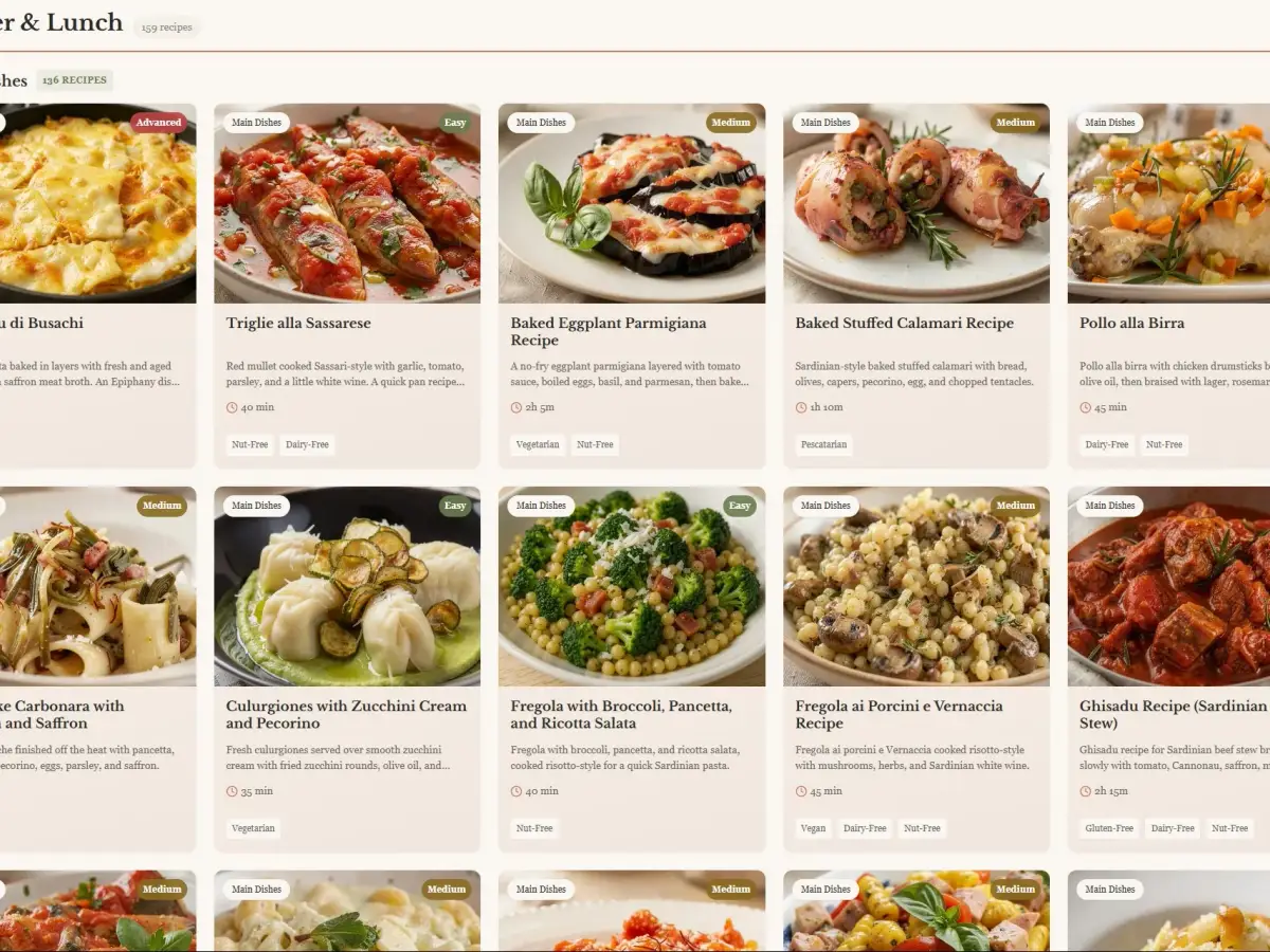 Mediterranean Joy recipes index page with browsable recipe cards, category filters, and warm editorial photography