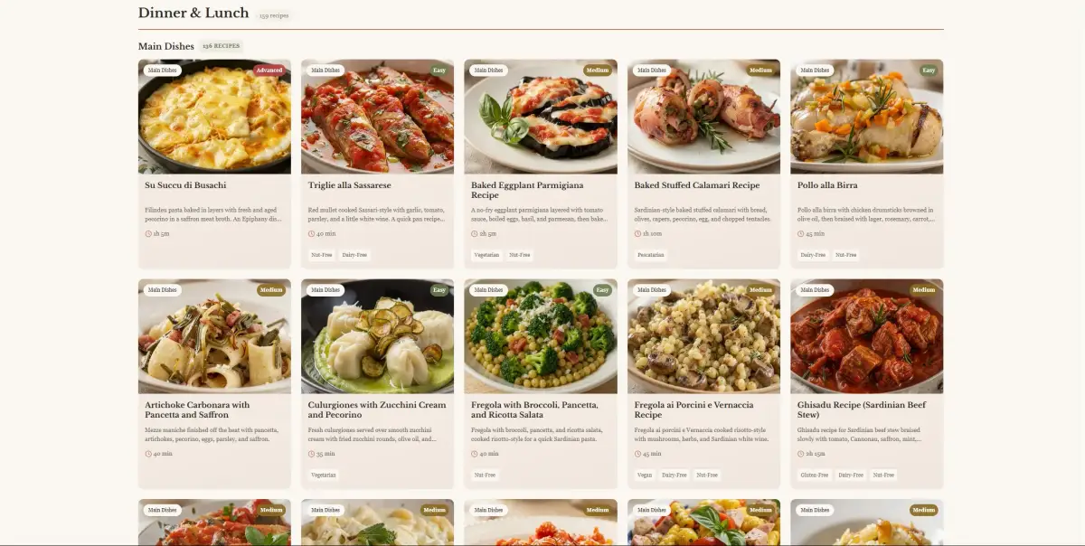 Mediterranean Joy recipes index page with browsable recipe cards, category filters, and warm editorial photography