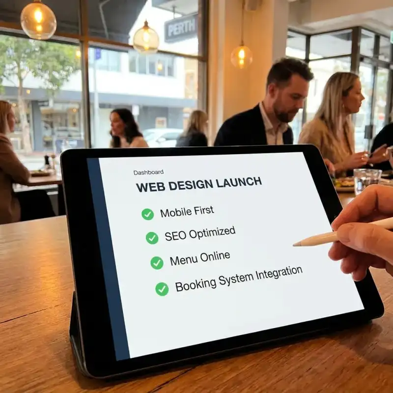 Checklist for a high-converting Perth restaurant website shown beside a tablet and venue planning notes
