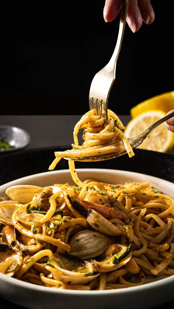 Seafood linguine action shot, dynamic food photography for Perth bar and dining venues.