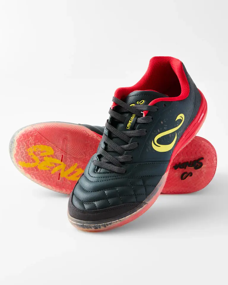 Black and red Senda futsal shoes photographed consistently for an ecommerce catalogue.