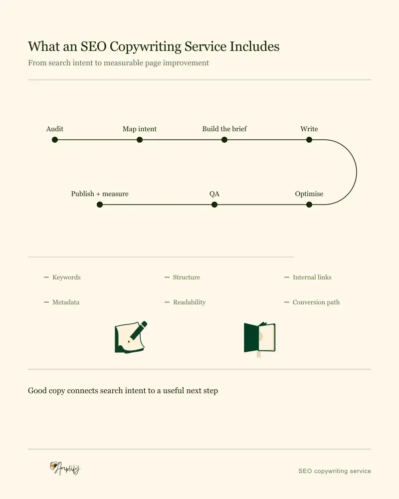 Seven SEO copywriting steps laid along one continuous folded line, above six concerns worked on throughout the engagement