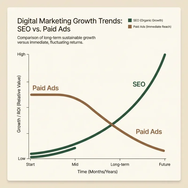 Graph showing cumulative bookings over 24 months comparing SEO investment versus ongoing paid advertising, with SEO overtaking ads after month 8.