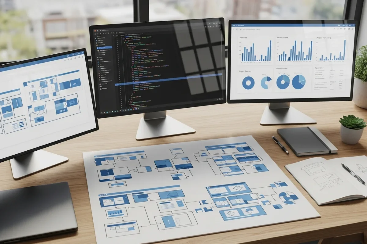 Website development workspace showing interface planning, code and performance analytics for a Perth business website.