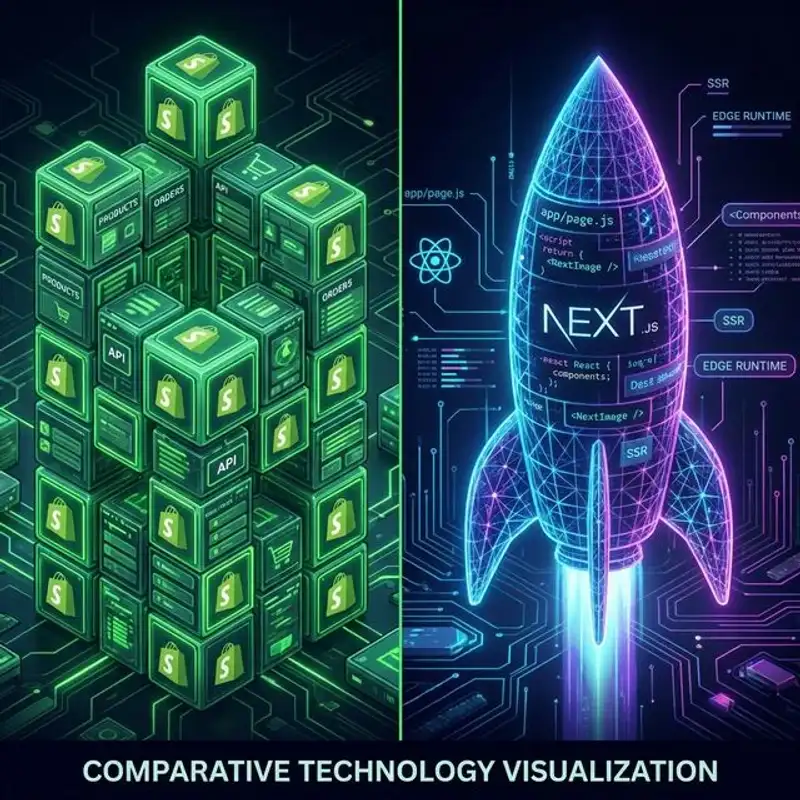 Split screen comparison of Shopify dashboard and custom Next.js code editor for e-commerce development