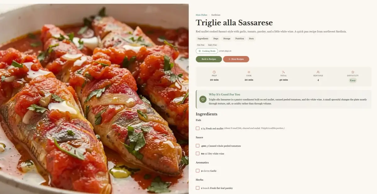 Mediterranean Joy single recipe page with editorial layout, story context, and structured ingredients and method sections