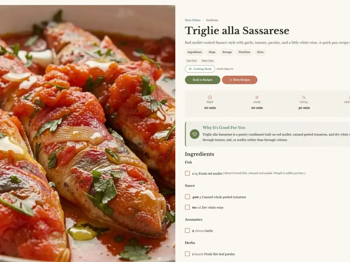 Mediterranean Joy single recipe page with editorial layout, story context, and structured ingredients and method sections