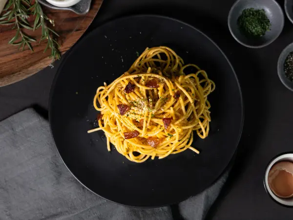 Spaghetti carbonara styled for menu photography, Italian restaurant food photography in Perth.