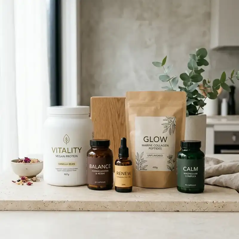 Supplement bottles and wellness packaging photographed with clear label visibility in a Perth studio