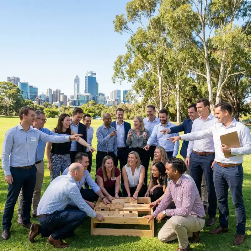 Candid shot of a corporate team laughing and collaborating during an outdoor team building workshop in Perth