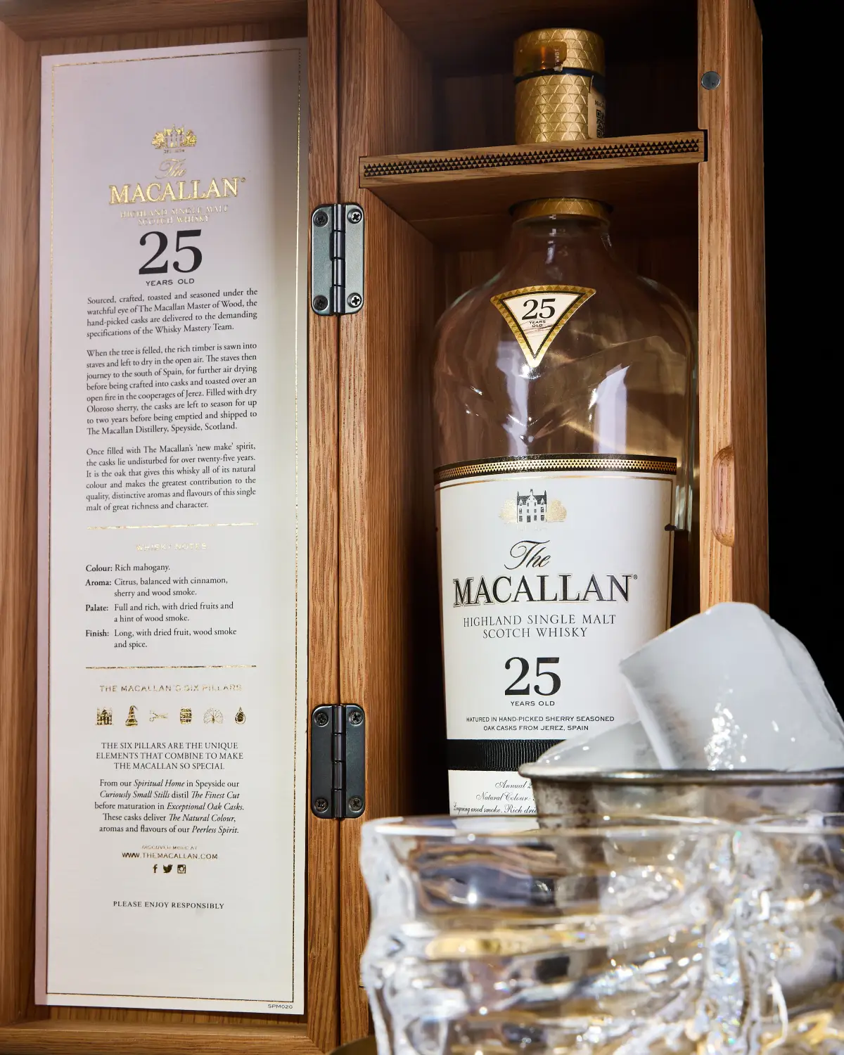 Macallan 25 whisky service photographed for T.O.T.O Bar with bottle presentation and crystal glassware