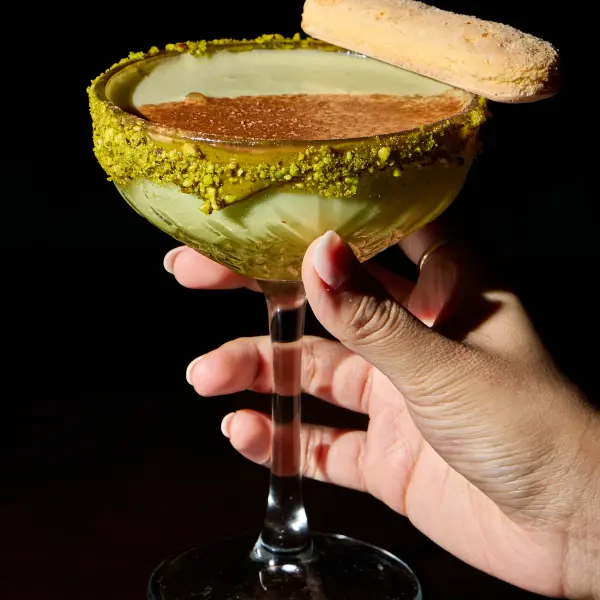 A pistachio martini photographed for beverage photography in Perth.