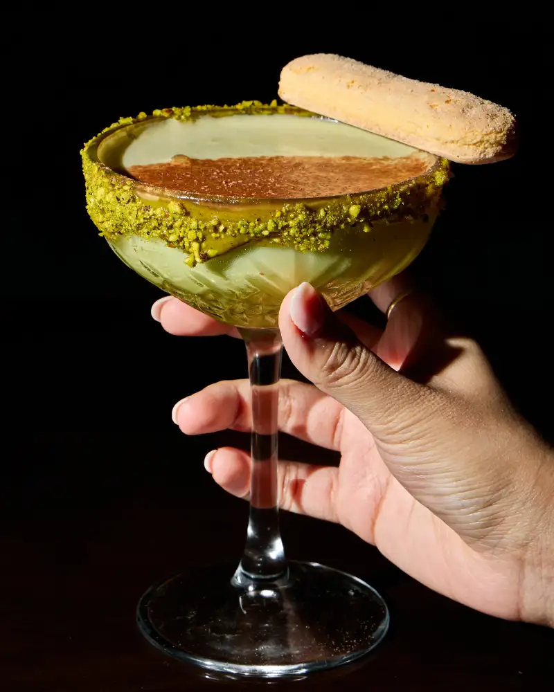 A pistachio martini photographed for beverage photography in Perth.
