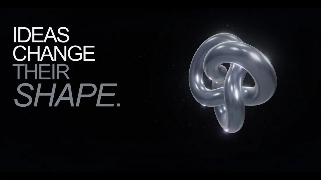 Transformation Study website artwork featuring the words Ideas Change Their Shape and an abstract chrome 3D form.