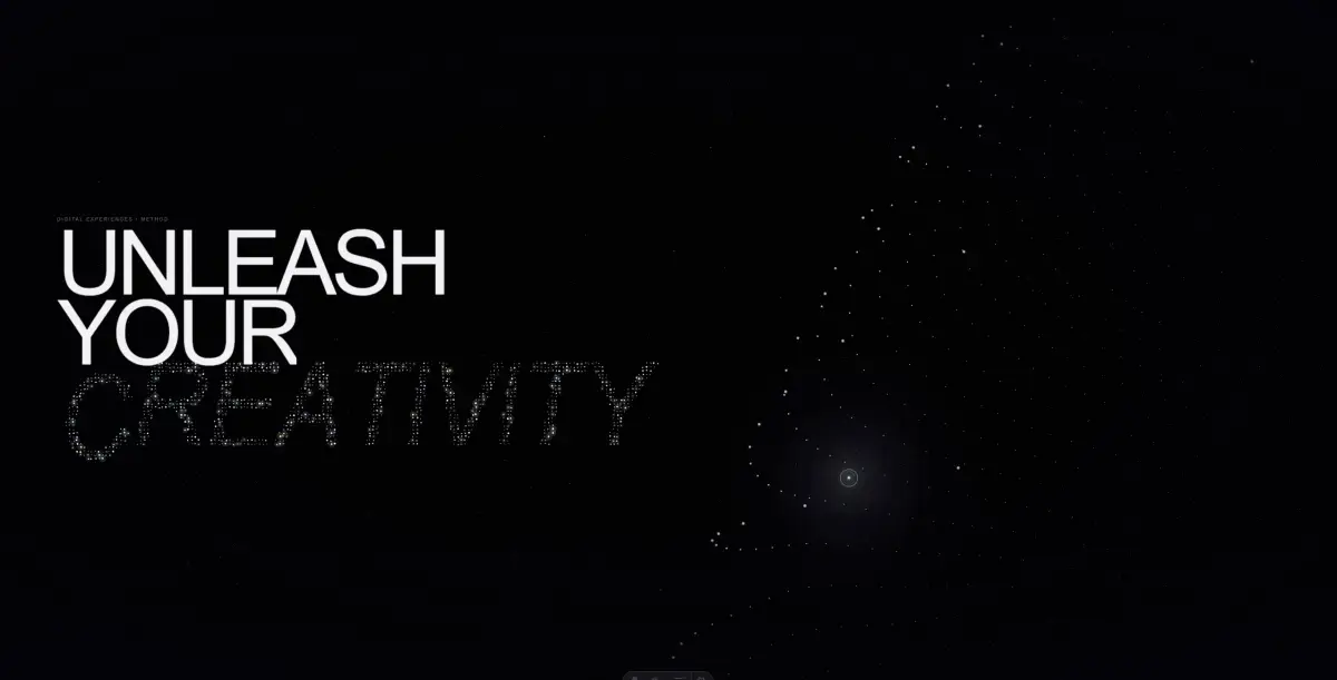 Transformation Study creative method scene with Unleash Your Creativity typography floating in a star-filled WebGL environment
