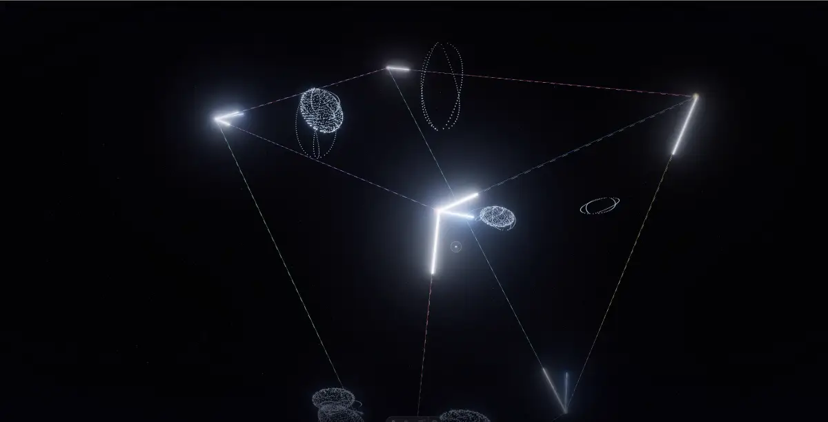 Transformation Study network scene showing luminous nodes connected by coloured lines in dark digital space