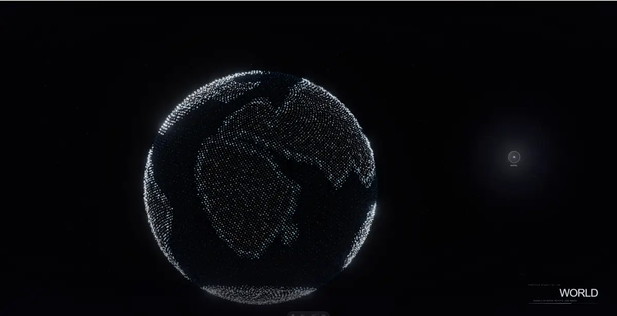 Transformation Study particle globe scene showing a luminous digital world in a dark Three.js environment