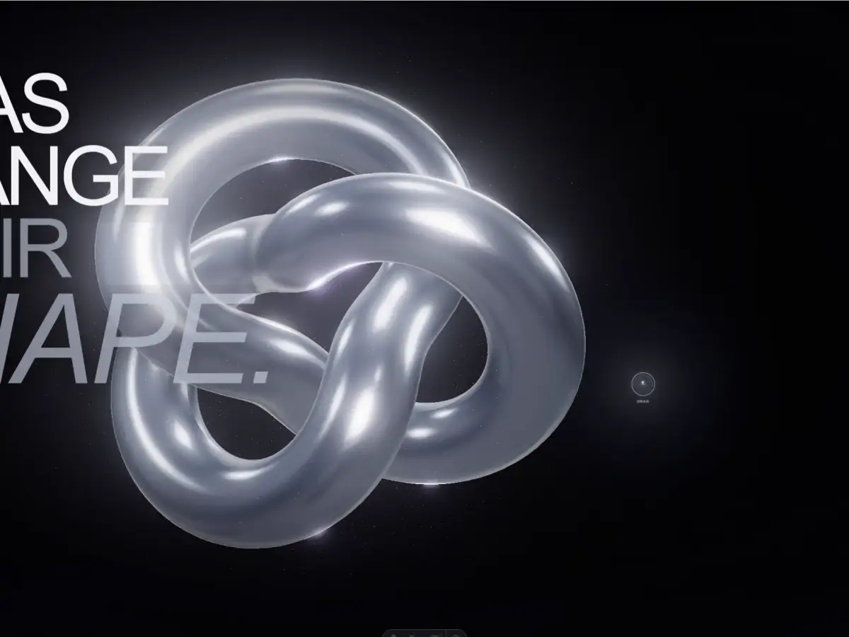 Transformation Study Three.js website hero with a glowing interlocking silver sculpture and the headline Ideas change their shape