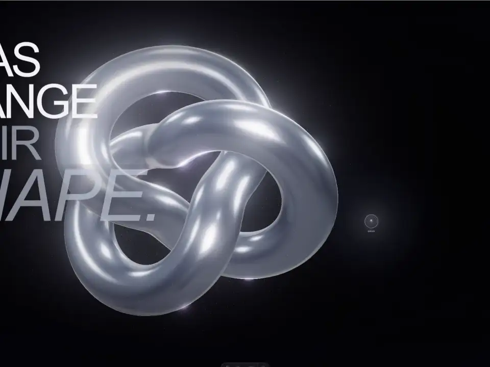 Transformation Study Three.js website hero with a glowing interlocking silver sculpture and the headline Ideas change their shape