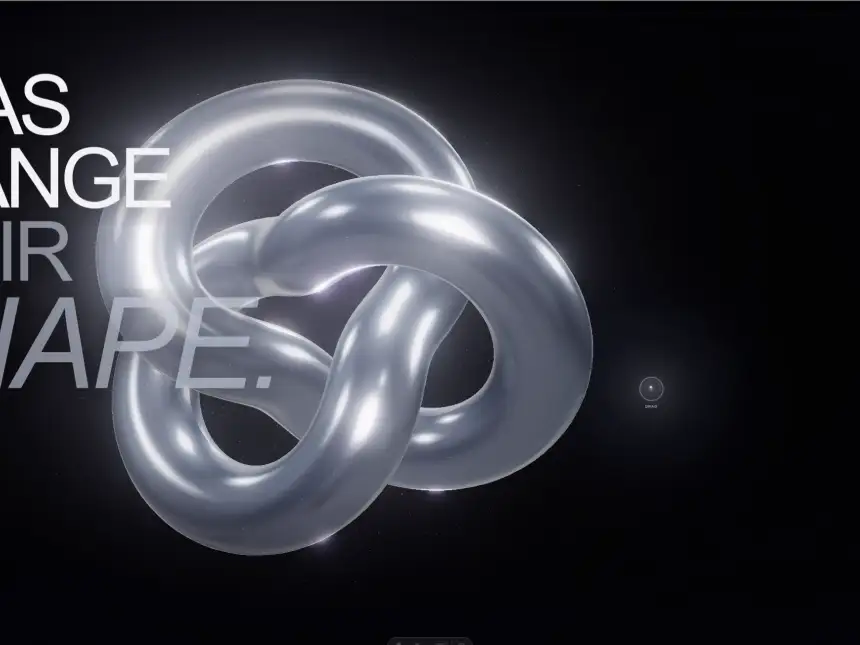 Transformation Study Three.js website hero with a glowing interlocking silver sculpture and the headline Ideas change their shape