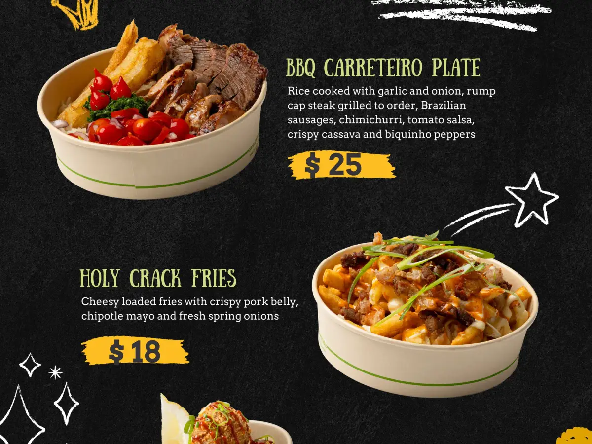 Uai Mate branded Brazilian food menu design featuring BBQ carreteiro plate, holy crack fries, and beef ribs croquete with pricing