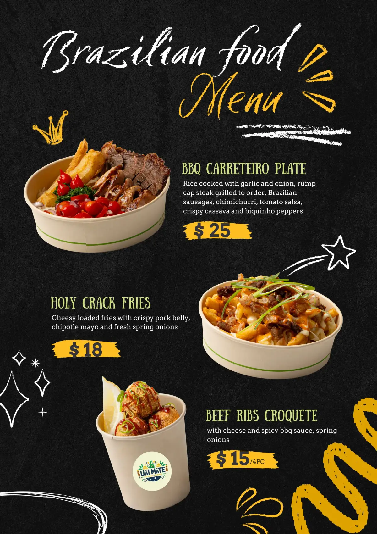 Uai Mate branded Brazilian food menu design featuring BBQ carreteiro plate, holy crack fries, and beef ribs croquete with pricing