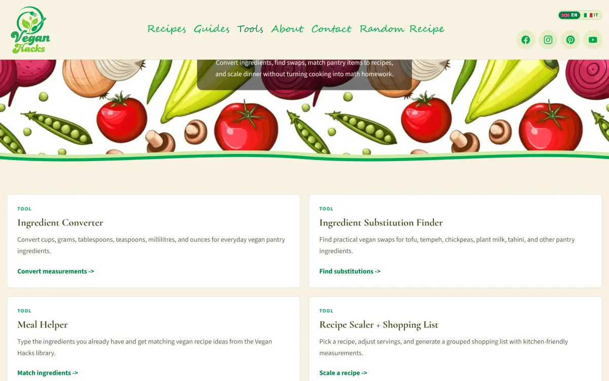 Vegan Hacks Tools page showing four tool cards, Ingredient Converter, Ingredient Substitution Finder, Meal Helper and Recipe Scaler plus Shopping List, under an illustrated vegetable banner
